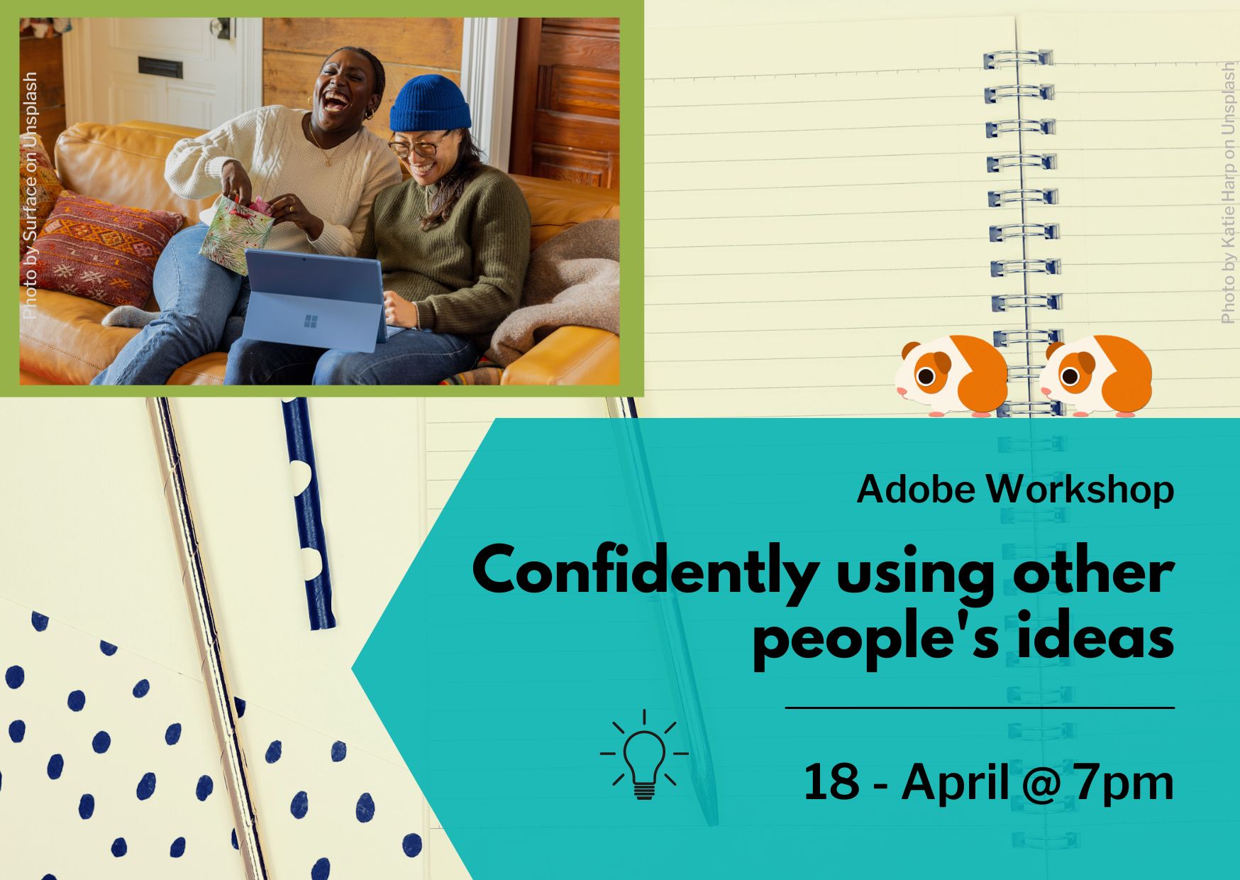 Event image (decorative) and event title 'Confidently using other people's ideas'/ date 18th April 7pm