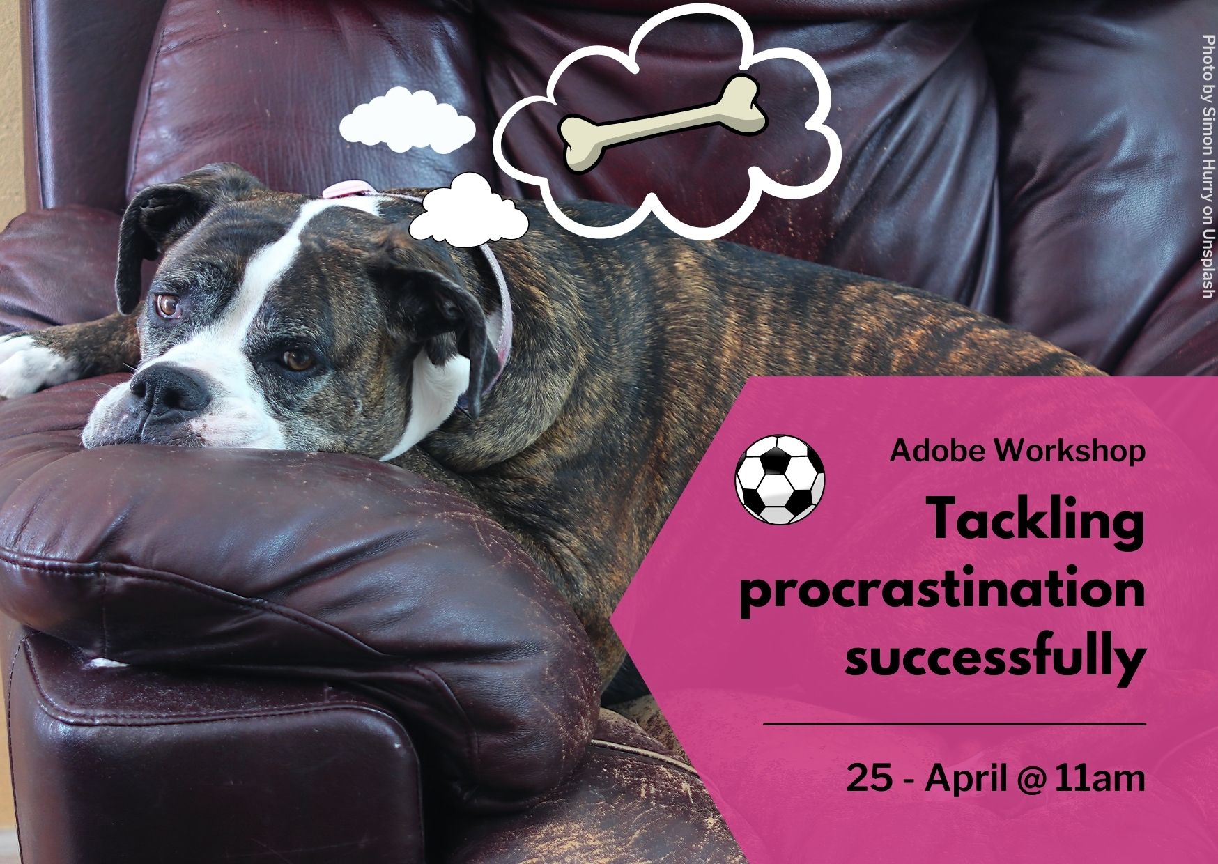 Decorative pic of a boxer dog dreaming of bones, and the session title 'Tackling procrastination successfully', and the date of 25 April 11am 