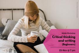 Female figure studying with a laptop, and event title and date