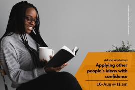 Image for event of a person reading a book, smiling, holding a white mug