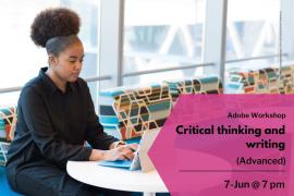 Female figure studying with a laptop, and event title and date