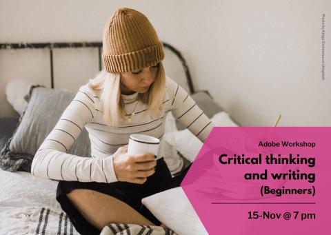 Female figure studying with a laptop, and event title and date