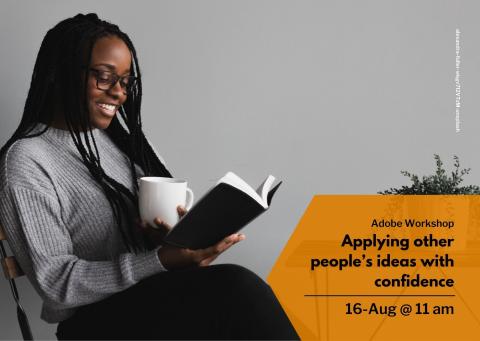 Image for event of a person reading a book, smiling, holding a white mug