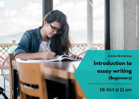 Female figure studying with a laptop, and event title and date