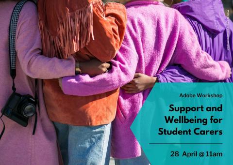 4 people hugging in bright fleeces and event info