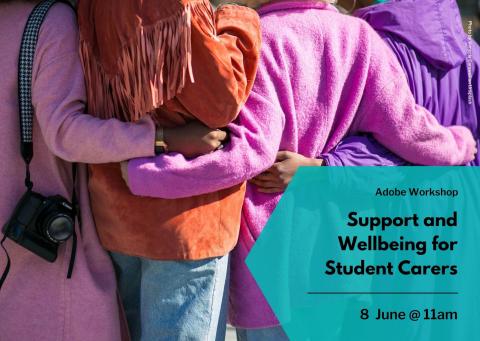 4 people hugging in bright fleeces and event info