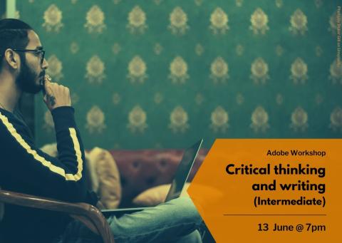 Decorative image of a man on a laptop, and the event title/ date. 13th June 7pm