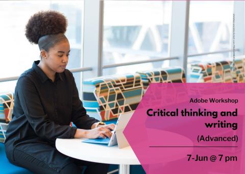 Female figure studying with a laptop, and event title and date